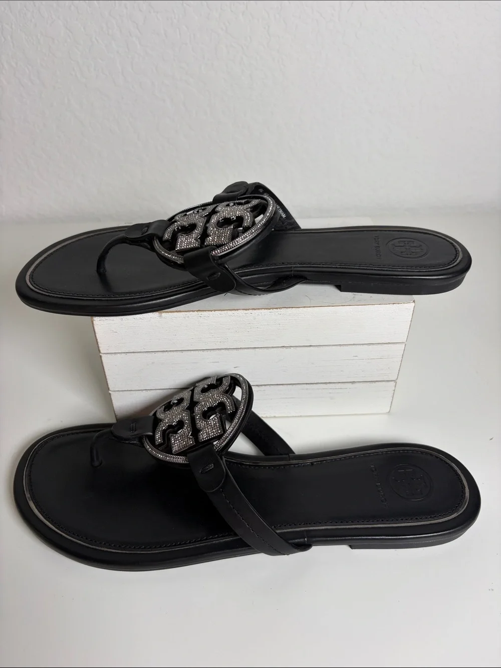 Tory Burch Miller Crystal Logo Flip Flop Black Size 9